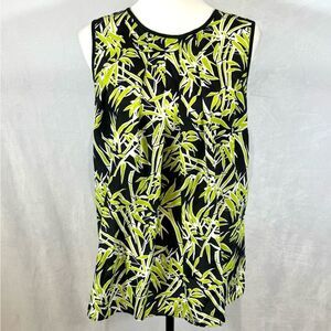 Michael Kors black and white green bamboo print pleated top size medium